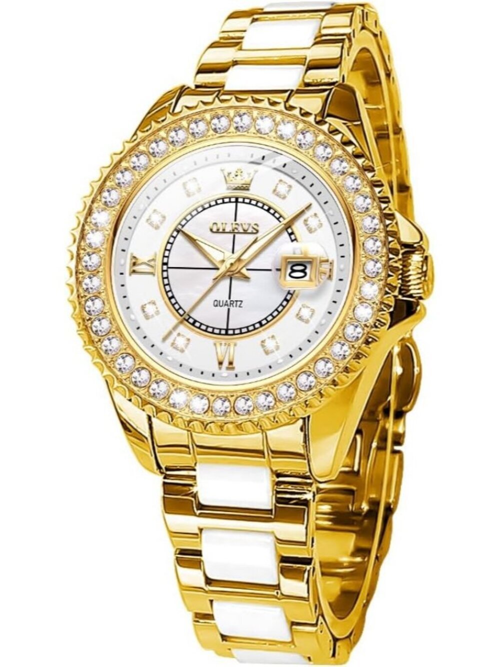 Olevs Women's White Dial Skeleton Diamond Gold Automatic Elegant Luxury Watch